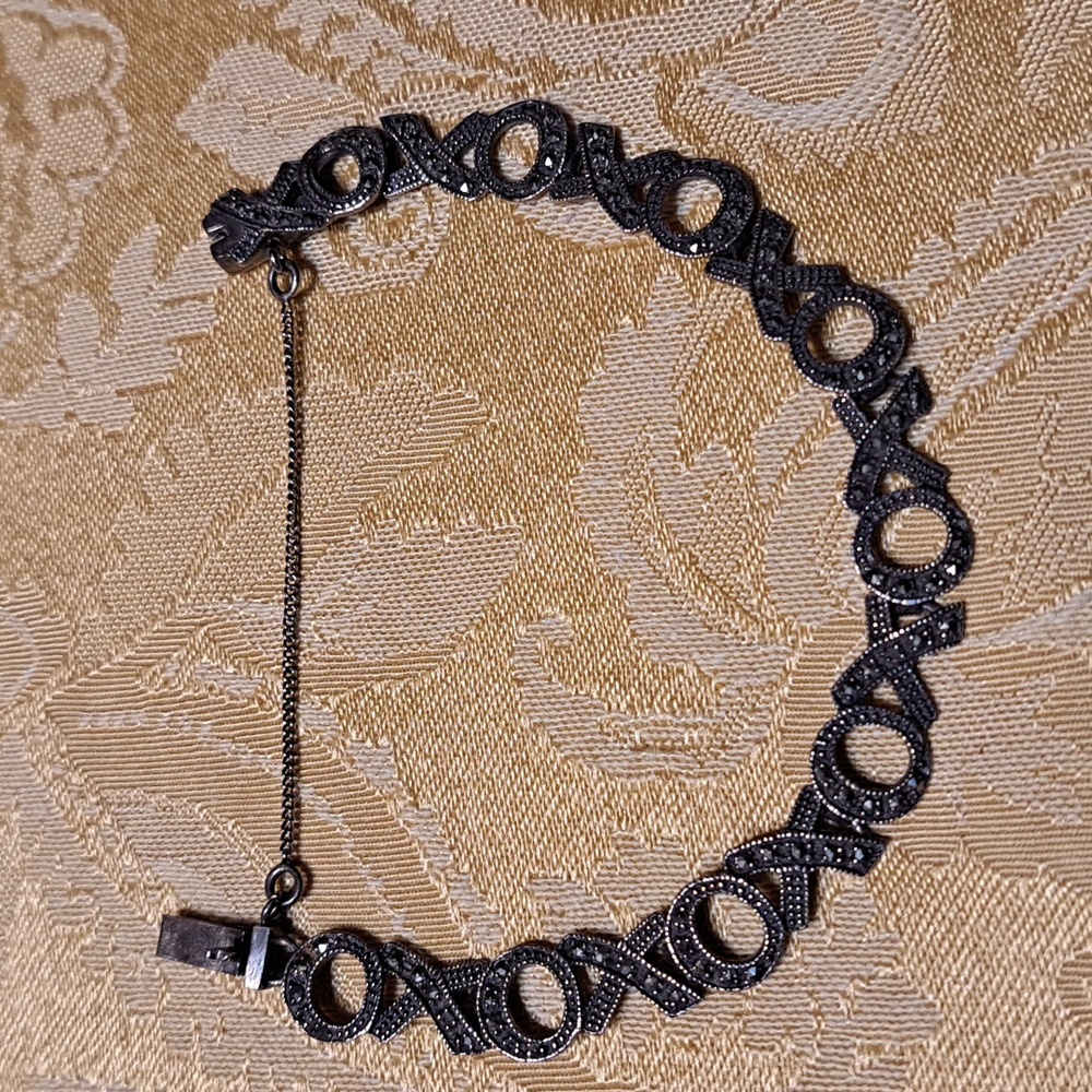 Vintage Sterling Silver & Marcasite Hugs & Kisses X's & O's Bracelet